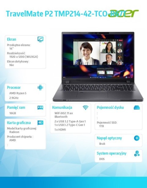 Acer Laptop TravelMate P2 TMP214-42-TCO-R67T R5 PRO 6650U/14.0 FHD IPS/16GB/1TB SSD/DOS