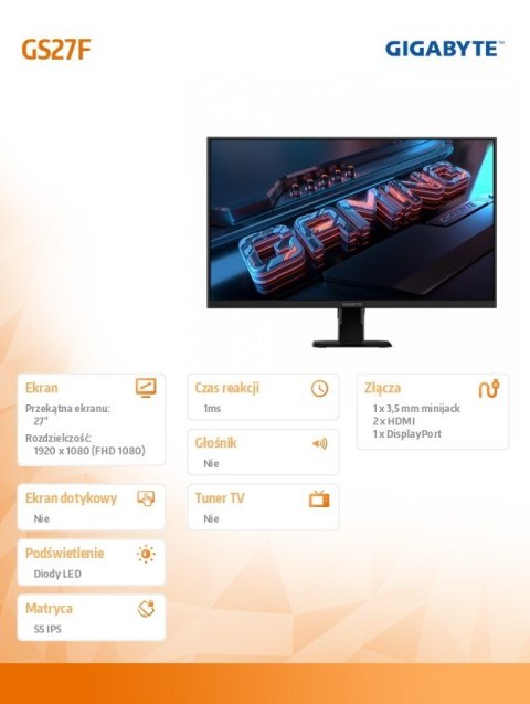 Gigabyte Monitor 27 cali GS27F gaming
