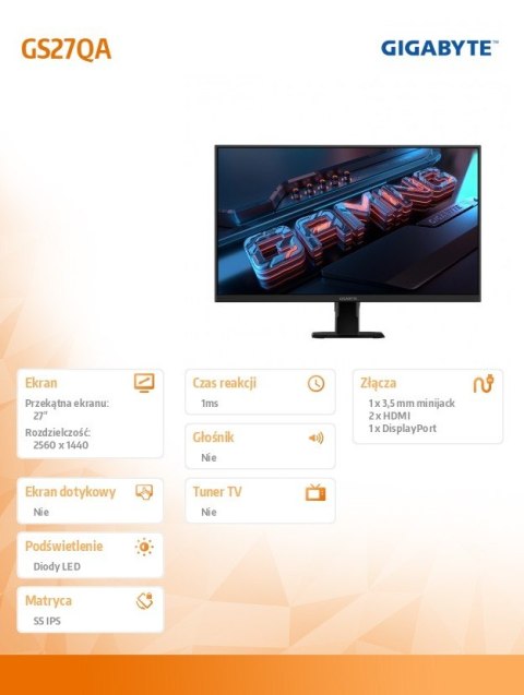 Gigabyte Monitor 27 cali GS27QA gaming