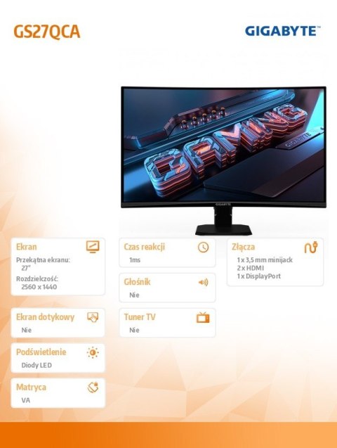 Gigabyte Monitor 27 cali GS27QCA 1ms/5000:1/QHD/2xHDMI/DP