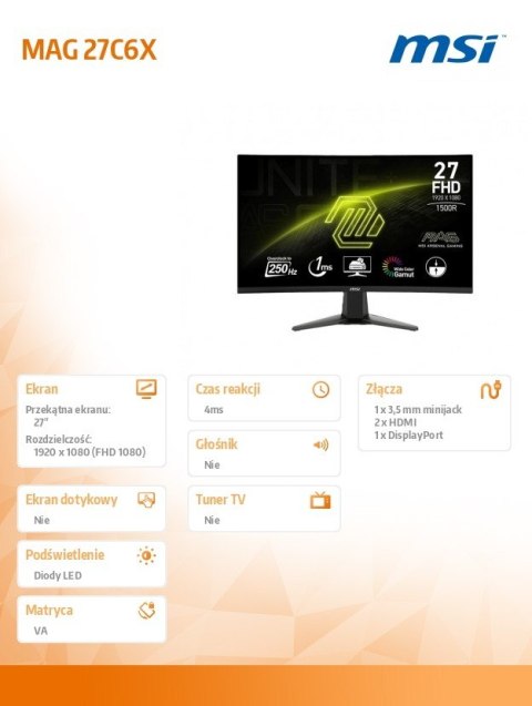 MSI Monitor 27 cali MAG 27C6X LED/FHD/Curved/250Hz/czarny