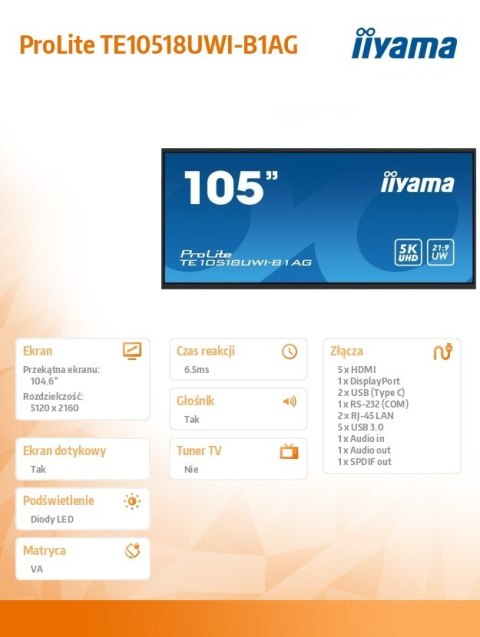 IIYAMA Monitor wielkoformatowy 104.6 cala TE10518UWI-B1AG INFRARED,40pkt,VA,21:9(5K),8xUSB, 8xMIC,2x16W+Subwoofer(16W),Android 13,WiFi,