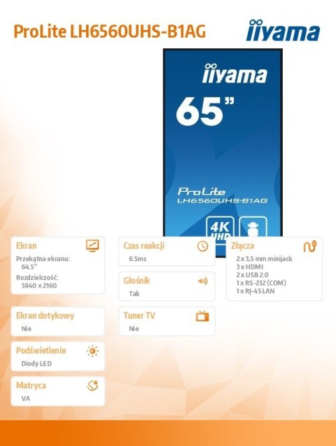 IIYAMA Monitor wielkoformatowy 64.5 cala LH6560UHS-B1AG matowy 24h/7 500(cd/m2) VA 3840 x 2160 UHD(4K) Android.11 Wifi CMS(iiSignage2)