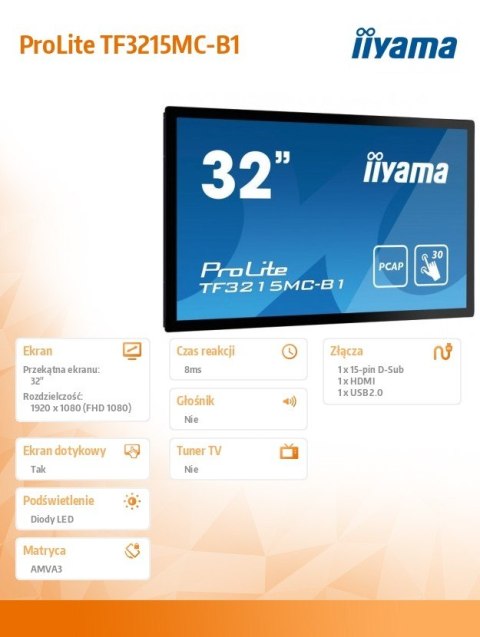 IIYAMA Monitor 32 TF3215MC-B1 Pojemnościowy 30 pkt AMVA VGA HDMI IP65