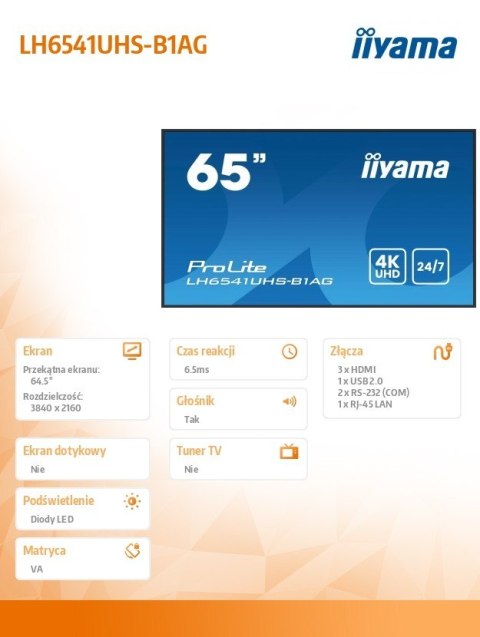 IIYAMA Monitor 65 cali LH6541UHS-B1AG VA,4K,24/7,LAN,USB,HDMI,500cd/m2, Haze(25%),2x10W,Pion/Poziom