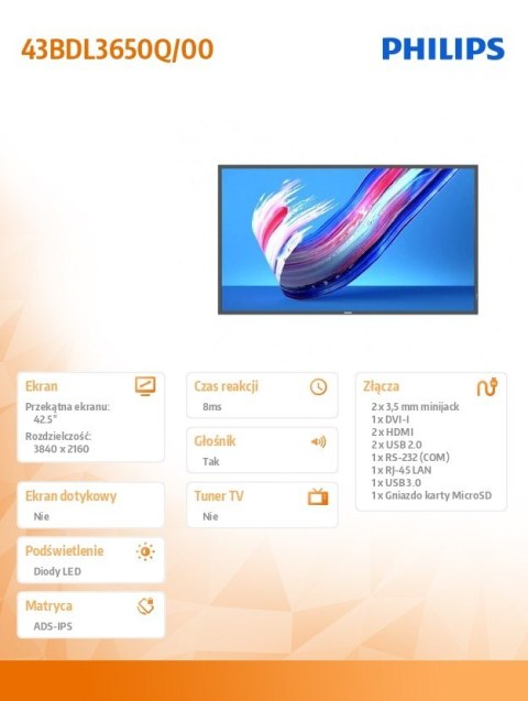 Philips Monitor wielkoformatowy 43BDL3650Q 43 cale Philips Monitor wielkoformatowy 43BDL3650Q 43 cale