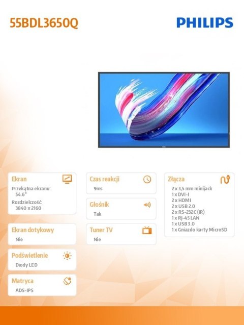 Philips Monitor wielkoformatowy 55BDL3650Q 55 cali Public display Philips Monitor wielkoformatowy 55BDL3650Q 55 cali Public display
