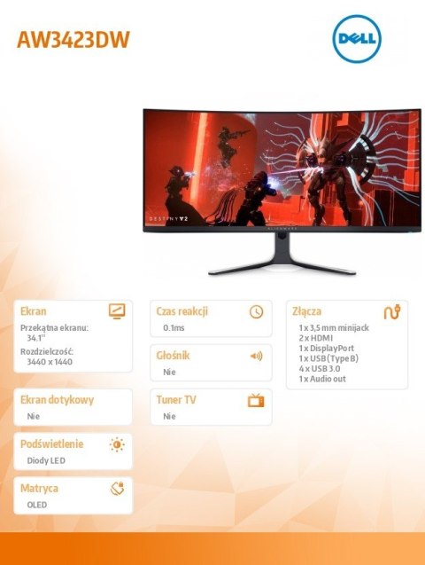 Dell Monitor Alienware AW3423DW 34.1 cali Curved NVIDIA G-Sync Ultimate 175Hz OLED QHD (3440x1440) /21:9/DP/2xHDMI/5xUSB 3.2/3Y AES&P