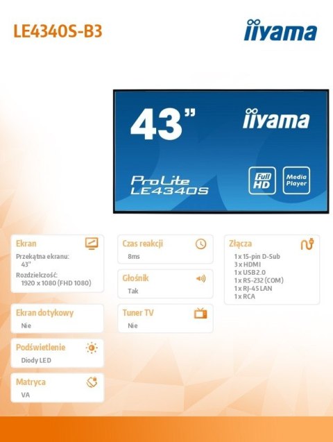 IIYAMA Monitor 43 LE4340S-B3 VA/FHD/HDMI/VGA/USB/RJ45/2X10W/16/7