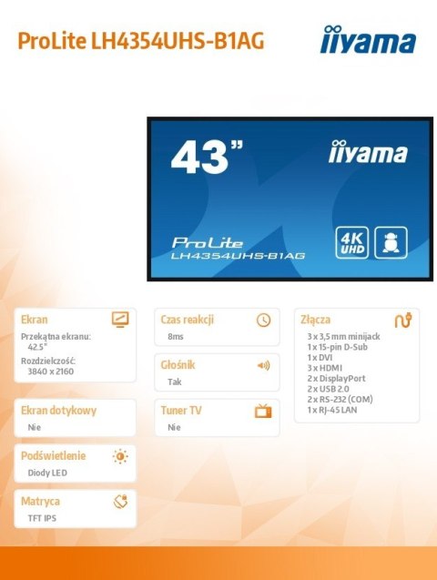 IIYAMA Monitor 43 cale LH4354UHS-B1AG 24/7, IPS, ANDROID.11, 4K, SDM, 2x10W