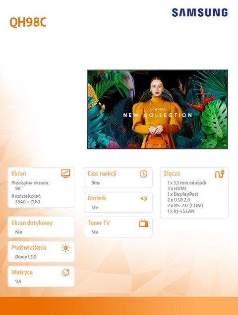 Samsung Monitor profesjonalny QH98C 98 cali Matowy 24h/7 700(cd/m2) 3840x2160 (UHD) S10 Player (Tizen 7) WiFi/BT 3 lata On-Site (LH98QHC
