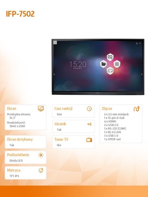 AG NEOVO Monitor wielkoformatowy 74.5 cala IFP-7502 4K