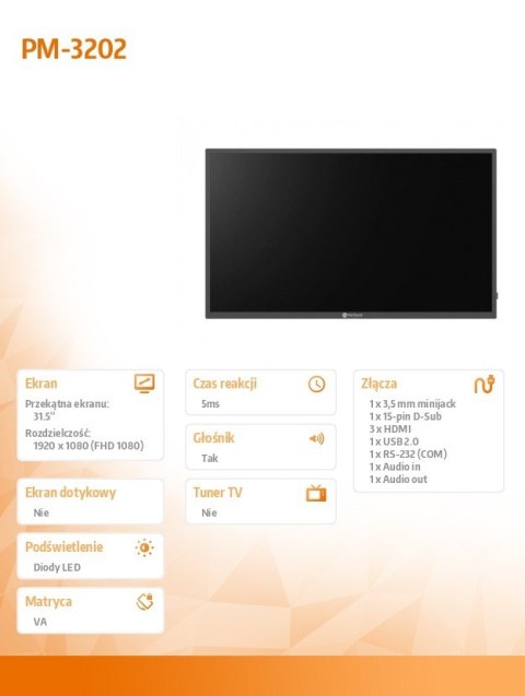 AG NEOVO Monitor wielkoformatowy PM-3202 CZARNY 350cd/m2 1400:1 24/7 AG NEOVO Monitor wielkoformatowy PM-3202 CZARNY 350cd/m2 1400:1 24/7