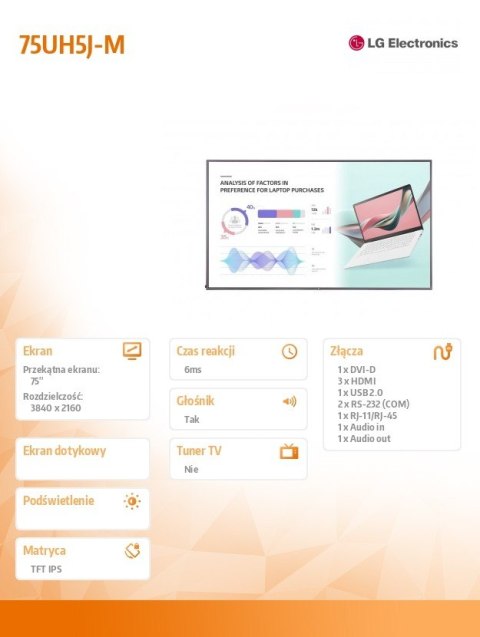 LG Electronics Monitor wielkoformatowy 75UH5J-M UHD IPS 75 cali 500cd/m2 24/7
