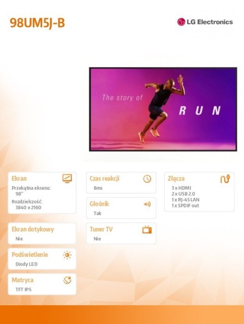 LG Electronics Monitor wielkoformatowy 98UM5J 98 cali UHD IPS 500cd/m2 16/7