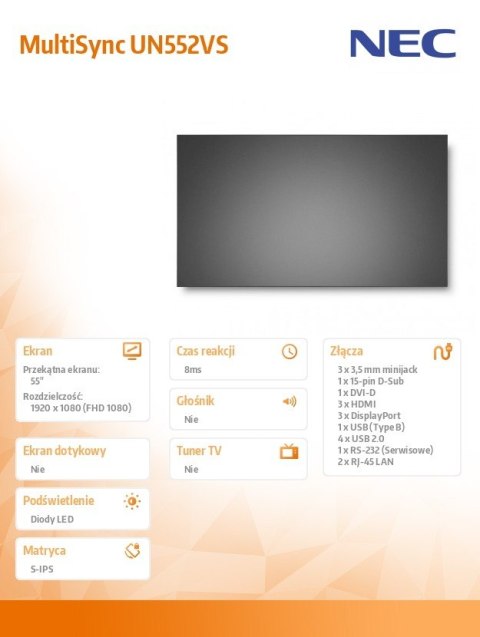 NEC Monitor 55 cali MultiSync UN552VS 500cd/m2 1920x1080 24/7 S-IPS