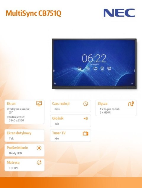 NEC Monitor 75 cali MultiSync CB751Q IPS 350cd/m2 3840x2160 1200:1