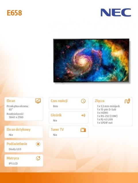 NEC Monitor wielkoformatowy 65 cala MultiSync E658 UHD 350cd/m2 16/7 NEC Monitor wielkoformatowy 65 cala MultiSync E658 UHD 350cd/m2 16/7