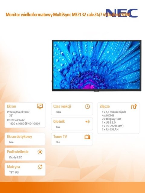 NEC Monitor wielkoformatowy MultiSync M321 32 cale 24/7 450cd/m2 SDM NEC Monitor wielkoformatowy MultiSync M321 32 cale 24/7 450cd/m2 SDM