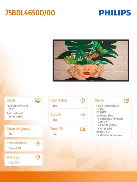 Philips Monitor wielkoformatowy 75BDL4650D 75 cali