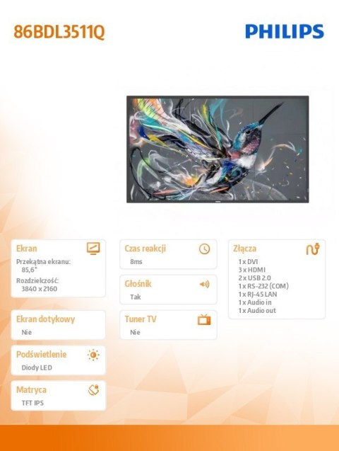 Philips Monitor wielkoformatowy 86BDL3511Q 85.6 cala Philips Monitor wielkoformatowy 86BDL3511Q 85.6 cala