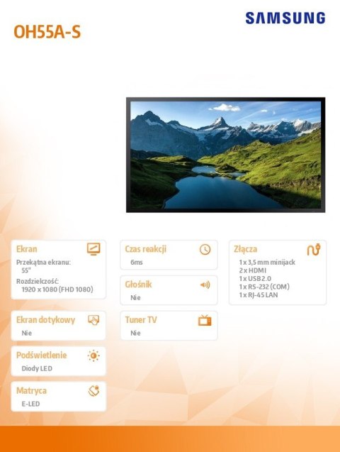 Samsung Monitor profesjonalny OH55A-S 55 cali Błyszczący 24h/7 3500(cd/m2) 1920 x 1080 (FHD) S7 Player (Tizen 5) 3 lata On-Site (LH55OHA