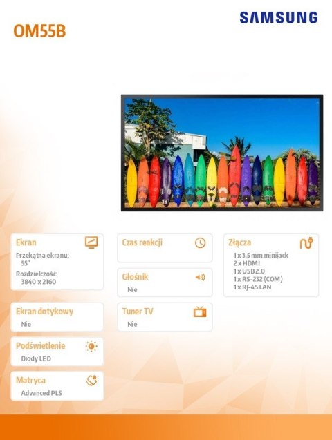 Samsung Monitor profesjonalny OM55B 55 cali Błyszczący 24h/7 3000(cd/m2) 3840x2160 (UHD) S7 Player (Tizen 5.0) Wi-Fi 3 lata On-Site (LH5