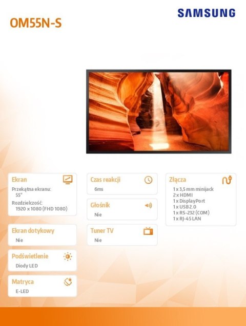 Samsung Monitor profesjonalny OM55N-S 55 cali Błyszczący 24h/7 4000(cd/m2) 1920x1080 (FHD) S6 Player (Tizen 4.0) Wi-Fi 3 lata On-Site (L