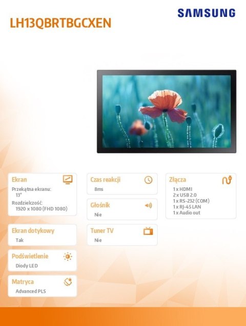 Samsung Monitor profesjonalny QB13R-T 13 cali Matowy, Dotykowy 16h/7 250(cd/m2) 1920x1080 (FHD) S6 Player Wi-Fi 3 lata OnSite (LH13QBRTM