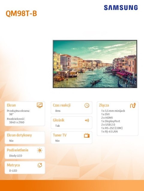 Samsung Monitor profesjonalny QM98T-B 98 cali Matowy 24h/7 500(cd/m2) 3840 x 2160 (UHD S6 Player (Tizen 4.0) Wi-Fi 3 lata On-Site (LH98Q