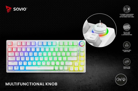 Savio Klawiatura mechaniczna bezprzewodowa PHENIX WHITE Gateron Red Pro, Pudding