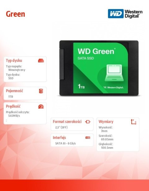 Western Digital Dysk SSD Green 1TB SATA 2.5 cala WDS100T3G0A Western Digital Dysk SSD Green 1TB SATA 2.5 cala WDS100T3G0A