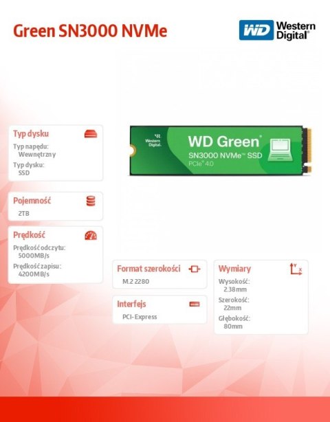 Western Digital Dysk SSD Green 2TB M.2 2280 SN3000 NVMe PCIE4.0 Western Digital Dysk SSD Green 2TB M.2 2280 SN3000 NVMe PCIE4.0