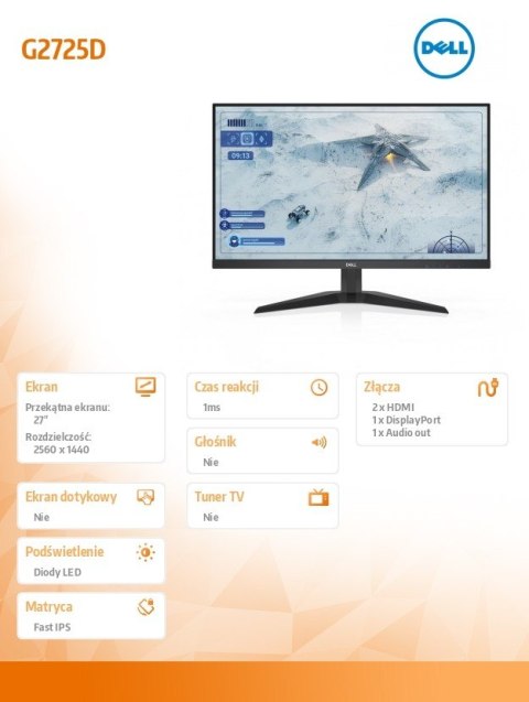Dell Monitor G2725D 27 cali AMD FreeSync 180Hz Fast IPS LED QHD(2560x1440)/16:9/DP/HDMI/3Y
