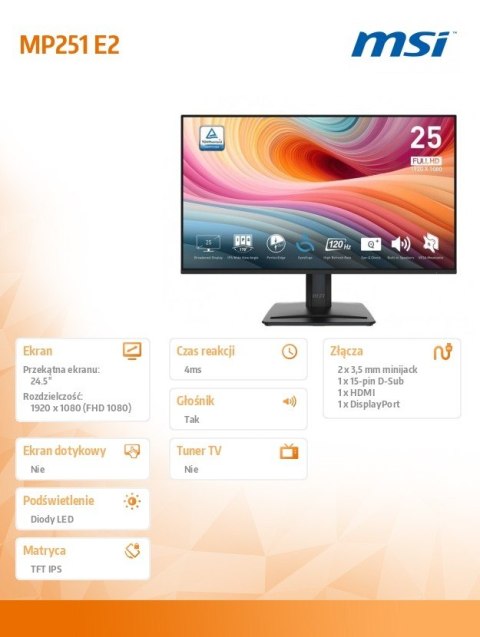 MSI Monitor PRO MP251 E2 24.5 cala LED/FHD/Flat/120Hz/Black