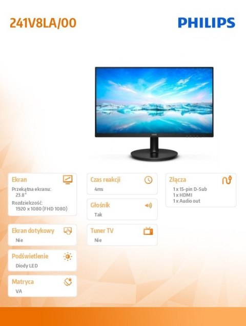 Philips Monitor 241V8LA 23.8 cala VA HDMI Głośniki Philips Monitor 241V8LA 23.8 cala VA HDMI Głośniki