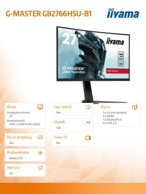 IIYAMA Monitor 27 cali GB2766HSU-B1 VA,165HZ,1500R,1MS,DP,HDMIx2,USB,FreeSyn IIYAMA Monitor 27 cali GB2766HSU-B1 VA,165HZ,1500R,1MS,DP,HDMIx2,USB,FreeSyn