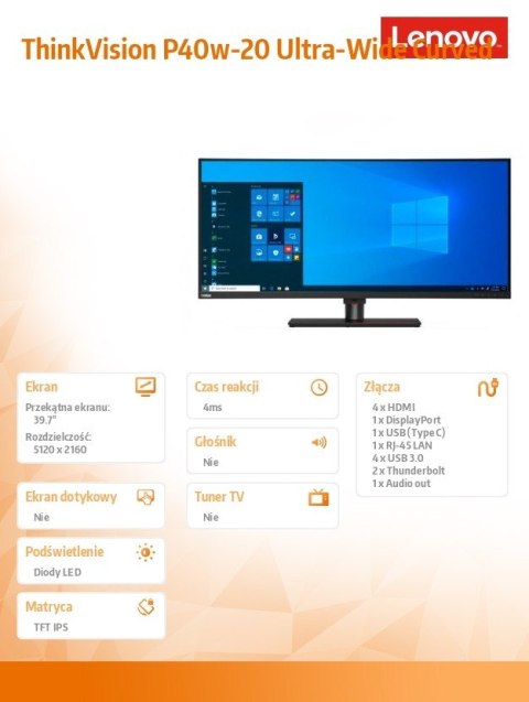 Lenovo Monitor 39.7 ThinkVision P40w-20 Ultra-Wide Curved LCD 62DDGAT6EU