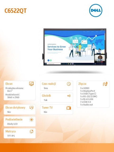 Dell Monitor C6522QT 64.5 cali Touch LED UHD 4K (3840x2160) /16:9/3xHDMI/DP/USB-C/7xUSB 3.1/RS 232/RJ45 Dell Monitor C6522QT 64.5 cali Touch LED UHD 4K (3840x2160) /16:9/3xHDMI/DP/USB-C/7xUSB 3.1/RS 232/RJ45