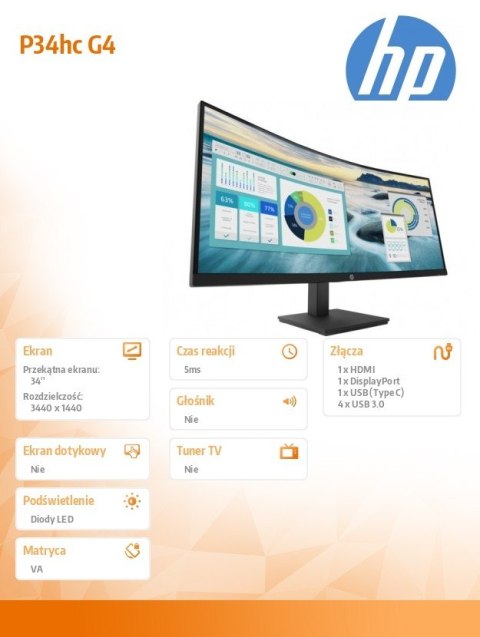 HP Inc. Monitor P34hc G4 WQHD USB-C Curved 21Y56AA HP Inc. Monitor P34hc G4 WQHD USB-C Curved 21Y56AA