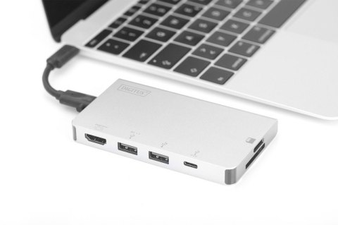 Digitus Stacja dokująca podróżna USB Typ C, 6 portów 4K, HDMI, VGA, USB3.0, RJ45, microSD, SD/MMC, Srebrna