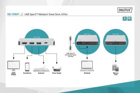 Digitus Stacja dokująca podróżna USB Typ C, 6 portów 4K, HDMI, VGA, USB3.0, RJ45, microSD, SD/MMC, Srebrna