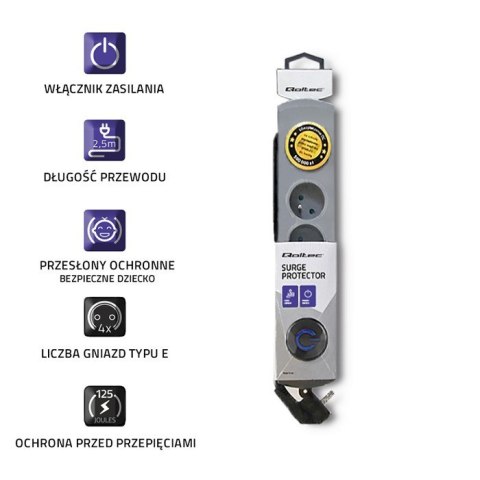 Qoltec Listwa antyprzepięciowa | Quick Switch | 4 gniazda | 2,5m | szara Qoltec Listwa antyprzepięciowa | Quick Switch | 4 gniazda | 2,5m | szara