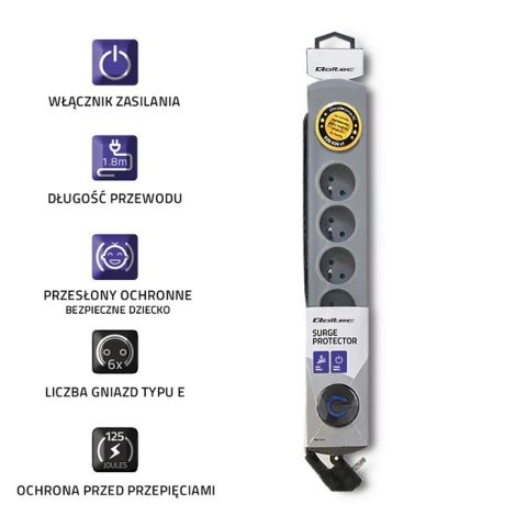 Qoltec Listwa antyprzepięciowa Quick Switch, 6 gniazd, 1,8m, szara Qoltec Listwa antyprzepięciowa Quick Switch, 6 gniazd, 1,8m, szara