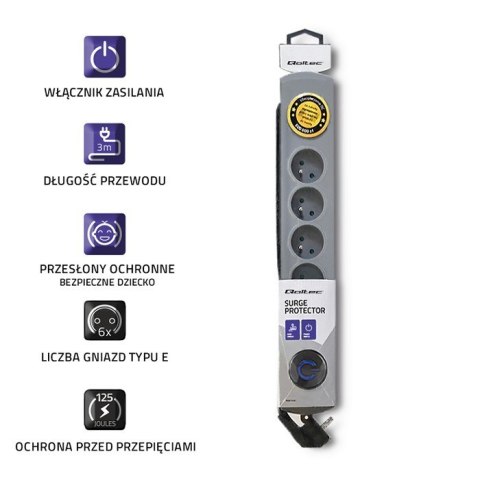 Qoltec Listwa antyprzepięciowa Quick Switch, 6 gniazd, 3m, szara Qoltec Listwa antyprzepięciowa Quick Switch, 6 gniazd, 3m, szara