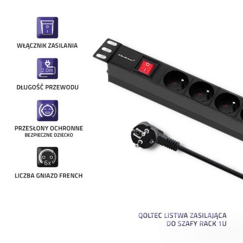 Qoltec Listwa zasilająca do szafy RACK 1U | 16A | PDU | 6xFRENCH | 2m Qoltec Listwa zasilająca do szafy RACK 1U | 16A | PDU | 6xFRENCH | 2m