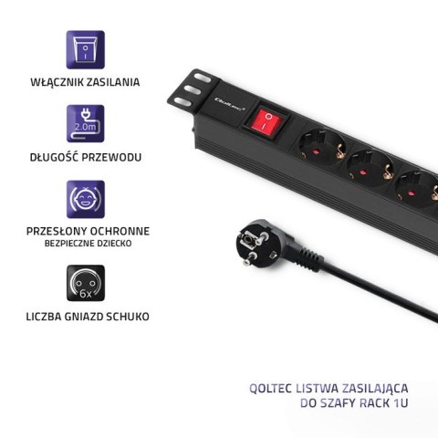 Qoltec Listwa zasilająca do szafy RACK 1U | 16A | PDU | 6xSCHUKO | 2m Qoltec Listwa zasilająca do szafy RACK 1U | 16A | PDU | 6xSCHUKO | 2m