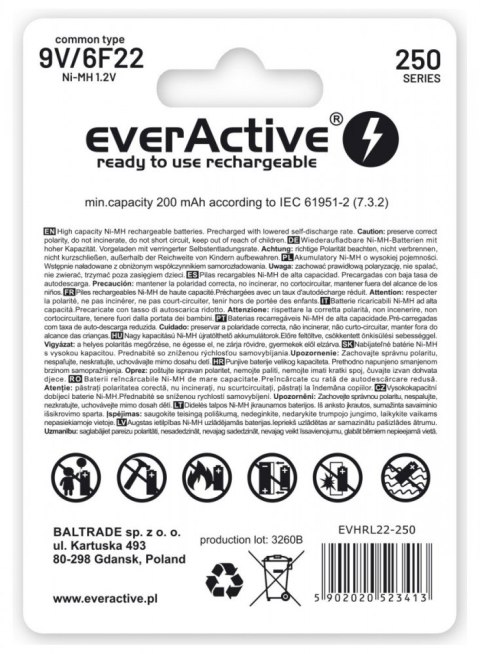 EverActive Akumulatorek 6F22/9V NI-MH 250 mAh 1 szt. ready to use EverActive Akumulatorek 6F22/9V NI-MH 250 mAh 1 szt. ready to use
