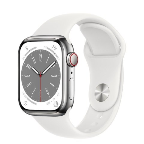 Apple Watch Series 8 GPS + Cellular, 41 mm Koperta ze stali nierdzewnej w kolorze srebrnym z paskiem sportowym w kolorze białym - regu Apple Watch Series 8 GPS + Cellular, 41 mm Koperta ze stali nierdzewnej w kolorze srebrnym z paskiem sportowym w kolorze białym - regu
