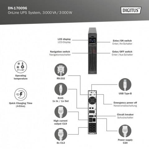 Digitus Zasilacz awaryjny UPS Online Rack 19" LCD, 3000VA/3000W, 6x12V/9Ah, 8xC13, 1xC19, USB, RS232, RJ45